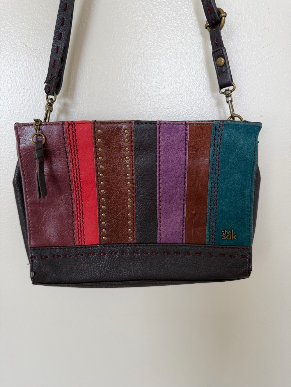 THE SAK Purple Teal Red Patchwork Stripe Leather Crossbody Envelope Purse Bag